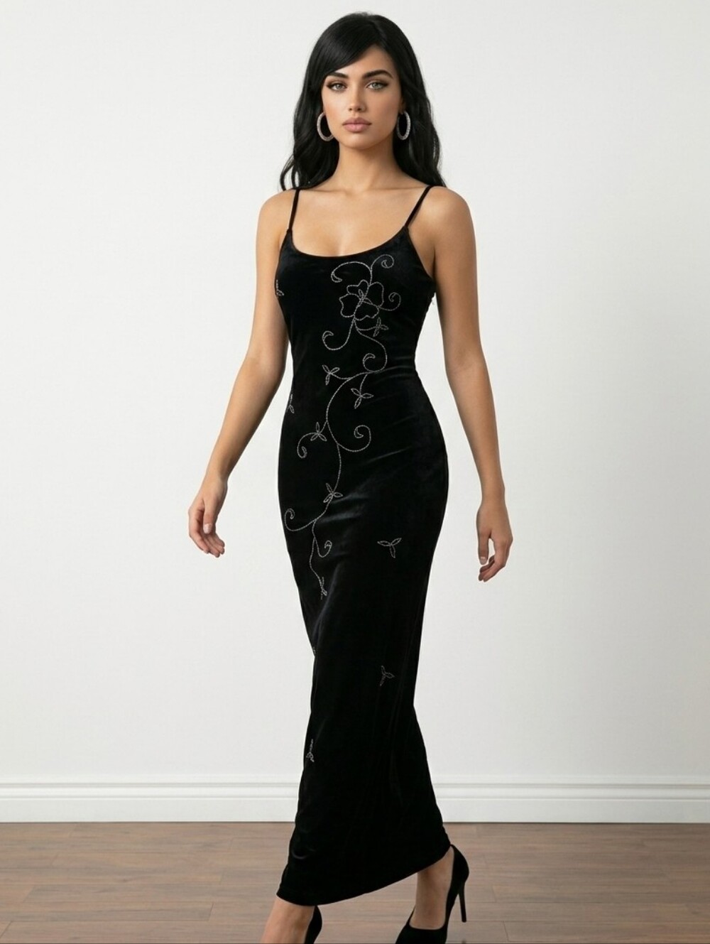 Vintage Scene Velvet Beaded Black Dress  7/8